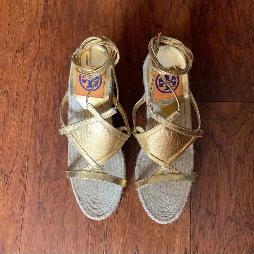 Tory Burch Gold Espadrille Wedge Sandals | Size 8